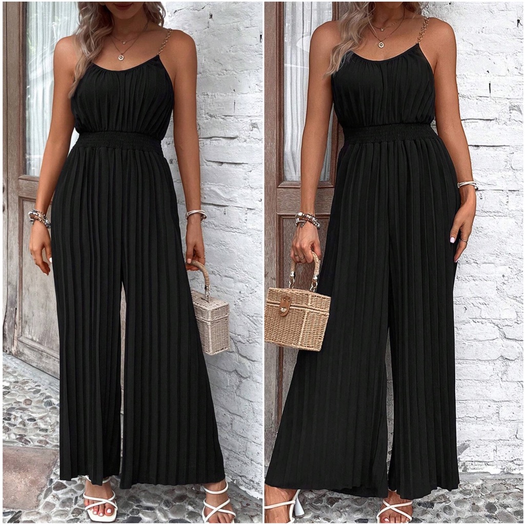 Luxe Black Pleated Wide Leg Jumpsuit Jumper